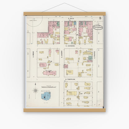 Old map wall art mockup — magnetic wood frame on white wall — Sanborn Fire Insurance Map from Galesburg, Knox County, Illinois (1888), Sheet #0005