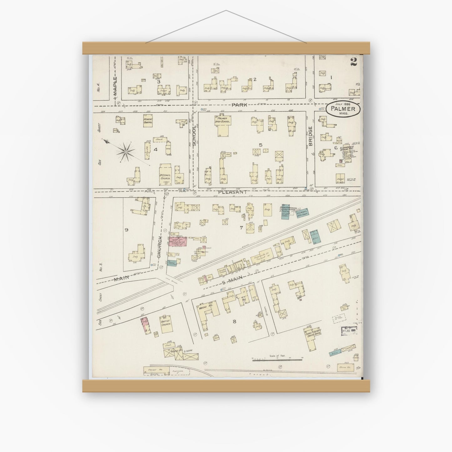Old map wall art mockup — magnetic wood frame on white wall — Sanborn Fire Insurance Map from Palmer, Hampden County, Massachusetts (1886), Sheet #0002
