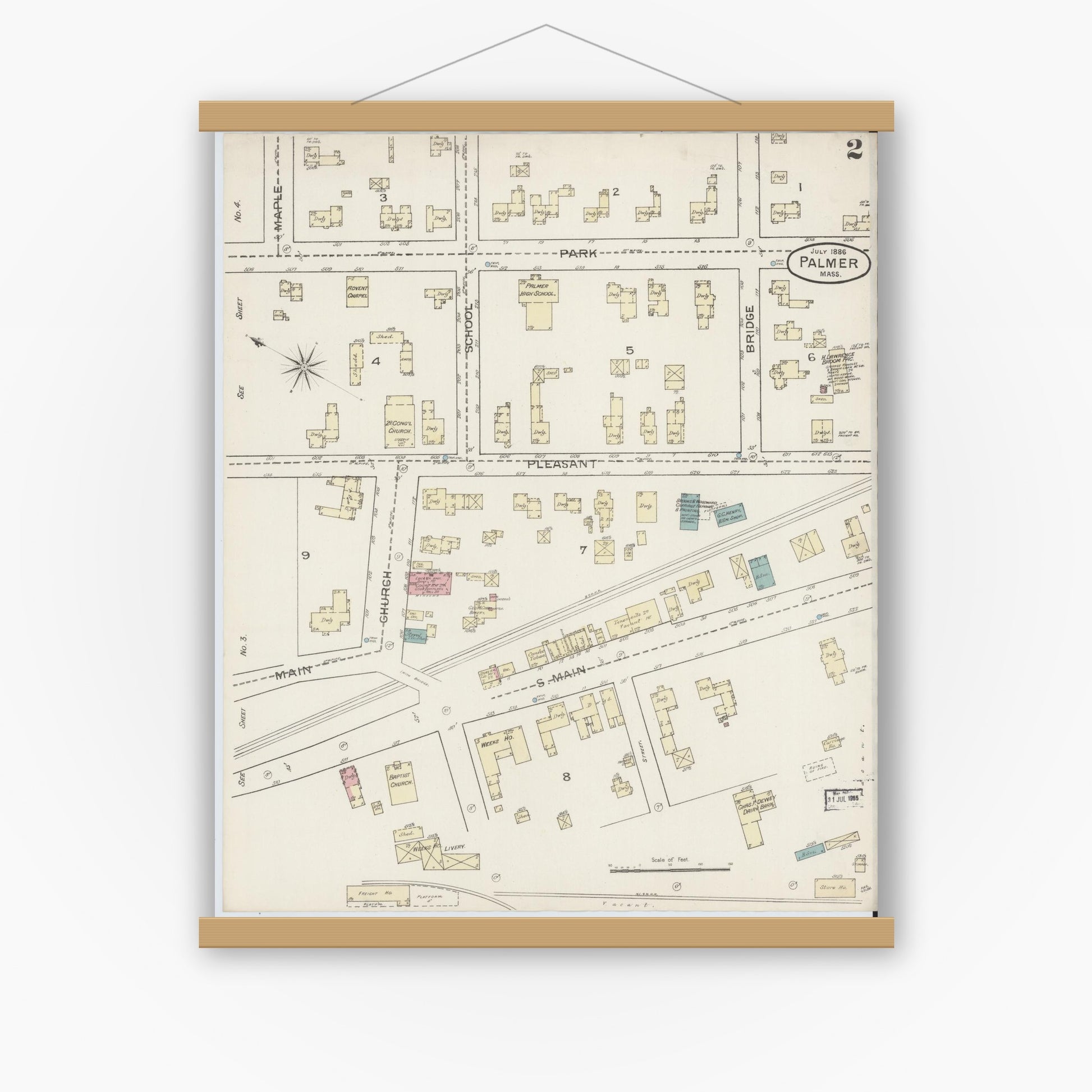 Old map wall art mockup — magnetic wood frame on white wall — Sanborn Fire Insurance Map from Palmer, Hampden County, Massachusetts (1886), Sheet #0002