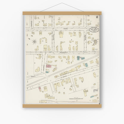 Old map wall art mockup — magnetic wood frame on white wall — Sanborn Fire Insurance Map from Palmer, Hampden County, Massachusetts (1886), Sheet #0002