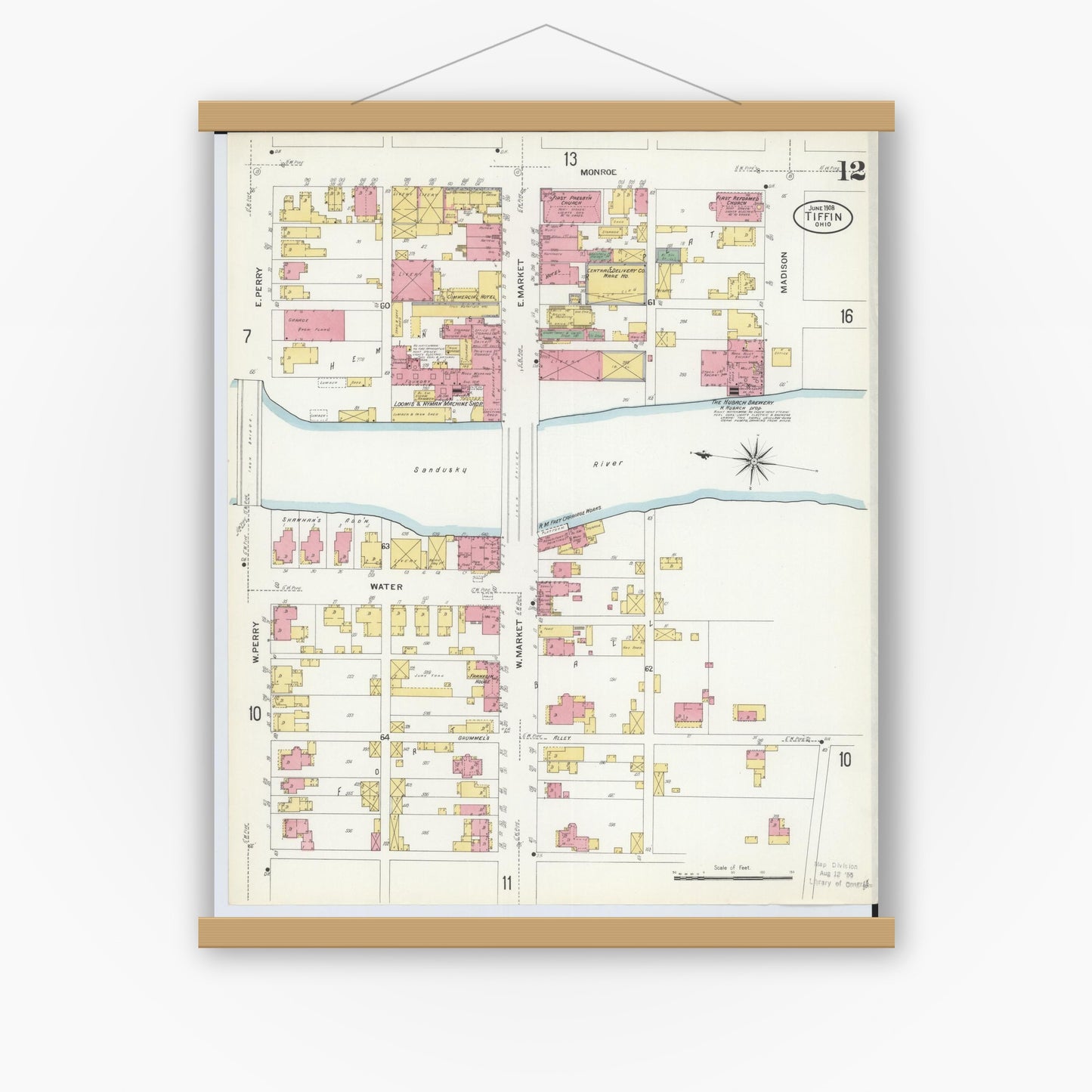 Old map wall art mockup — magnetic wood frame on white wall — Sanborn Fire Insurance Map from Tiffin, Seneca County, Ohio (1908), Sheet #0012