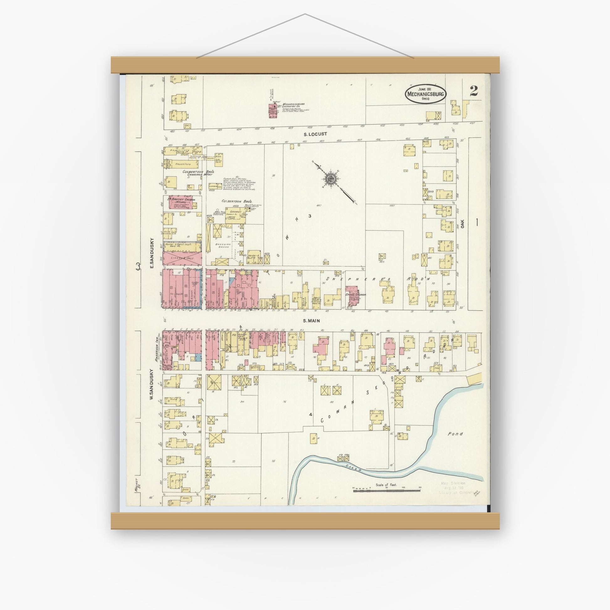Old map wall art mockup — magnetic wood frame on white wall — Sanborn Fire Insurance Map from Mechanicsburg, Champaign County, Ohio (1911), Sheet #0002