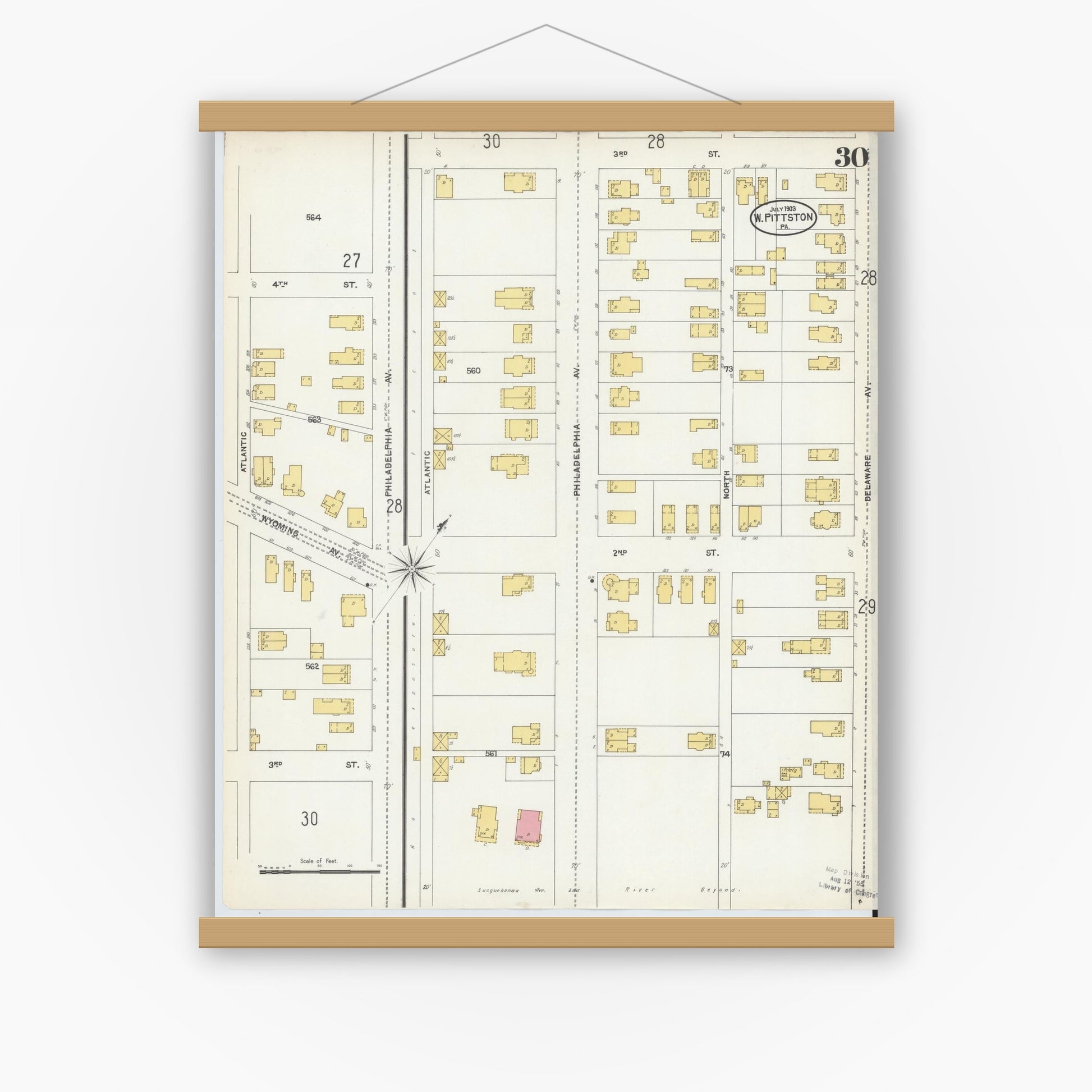 Old map wall art mockup — magnetic wood frame on white wall — Sanborn Fire Insurance Map from Pittston, Luzerne County, Pennsylvania (1903), Sheet #0030