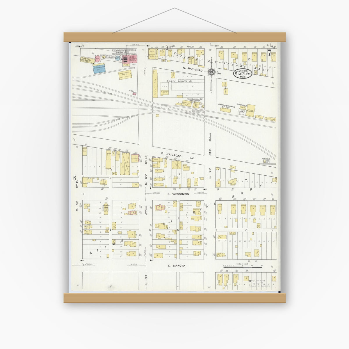 Old map wall art mockup — magnetic wood frame on white wall — Sanborn Fire Insurance Map from Staples, Todd County, Minnesota (1916), Sheet #0007