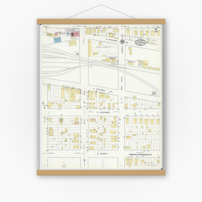 Old map wall art mockup — magnetic wood frame on white wall — Sanborn Fire Insurance Map from Staples, Todd County, Minnesota (1916), Sheet #0007