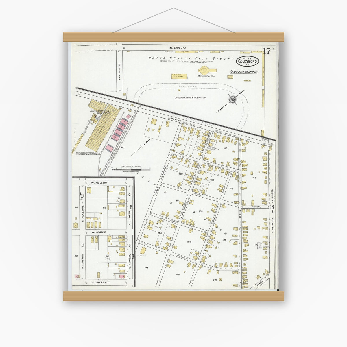 Old map wall art mockup — magnetic wood frame on white wall — Sanborn Fire Insurance Map from Goldsboro, Wayne County, North Carolina (1918), Sheet #0017