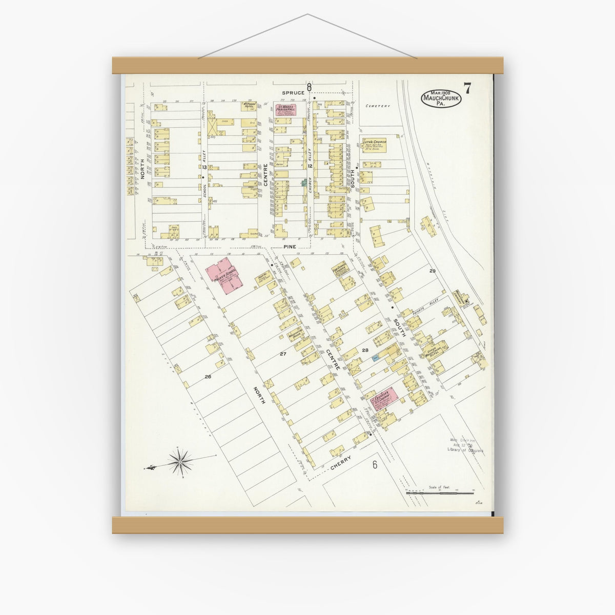 Old map wall art mockup — magnetic wood frame on white wall — Sanborn Fire Insurance Map from Mauch Chunk, Carbon County, Pennsylvania (1908), Sheet #0007