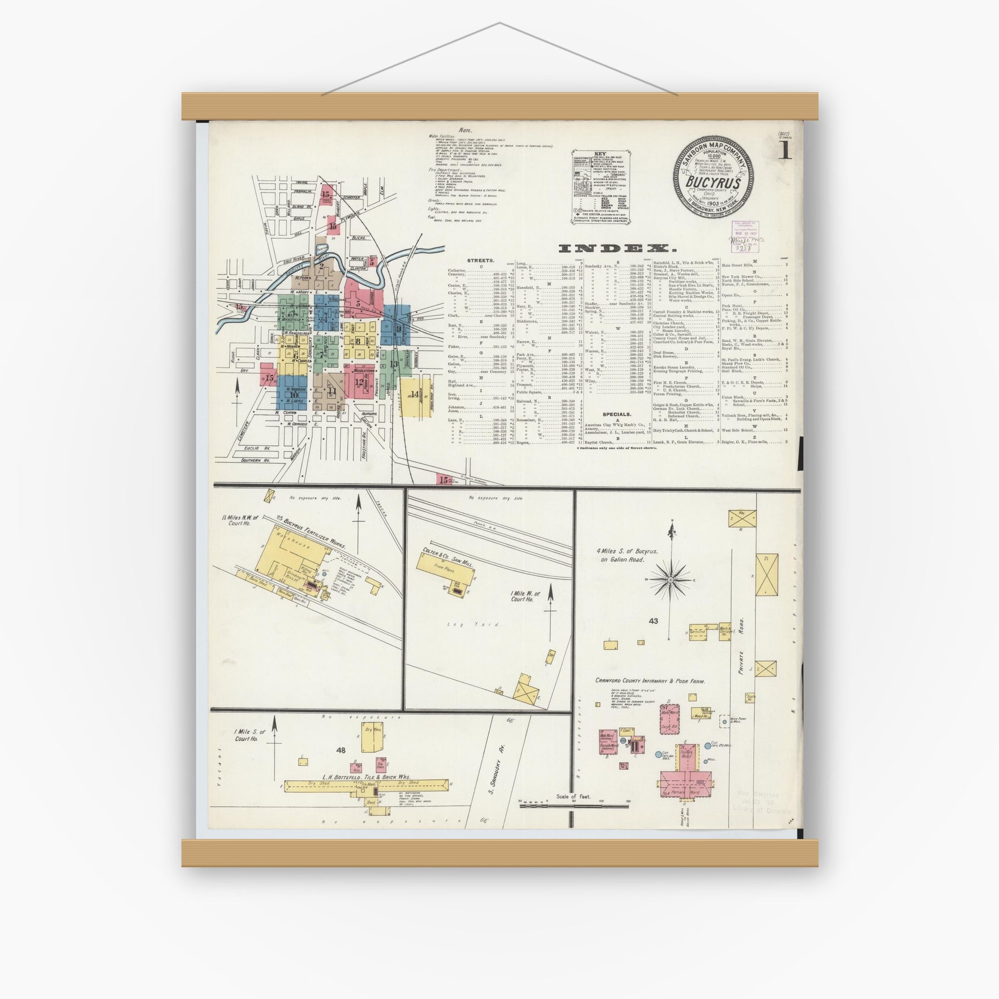 Old map wall art mockup — magnetic wood frame on white wall — Sanborn Fire Insurance Map from Bucyrus, Crawford County, Ohio (1903) - Complete Map Set