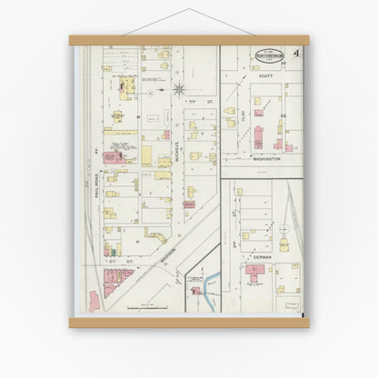 Old map wall art mockup — magnetic wood frame on white wall — Sanborn Fire Insurance Map from North Vernon, Jennings County, Indiana (1893), Sheet #0004