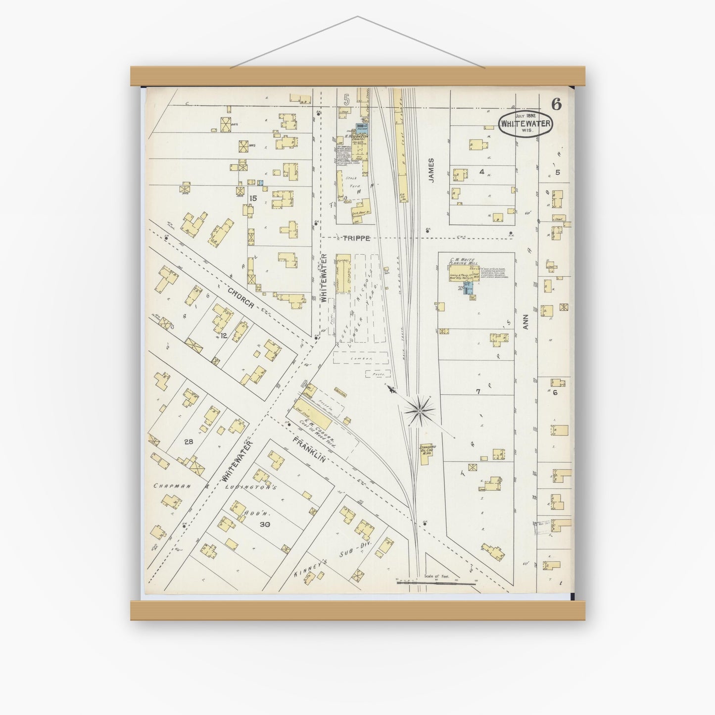 Old map wall art mockup — magnetic wood frame on white wall — Sanborn Fire Insurance Map from Whitewater, Walworth County, Wisconsin (1892), Sheet #0006