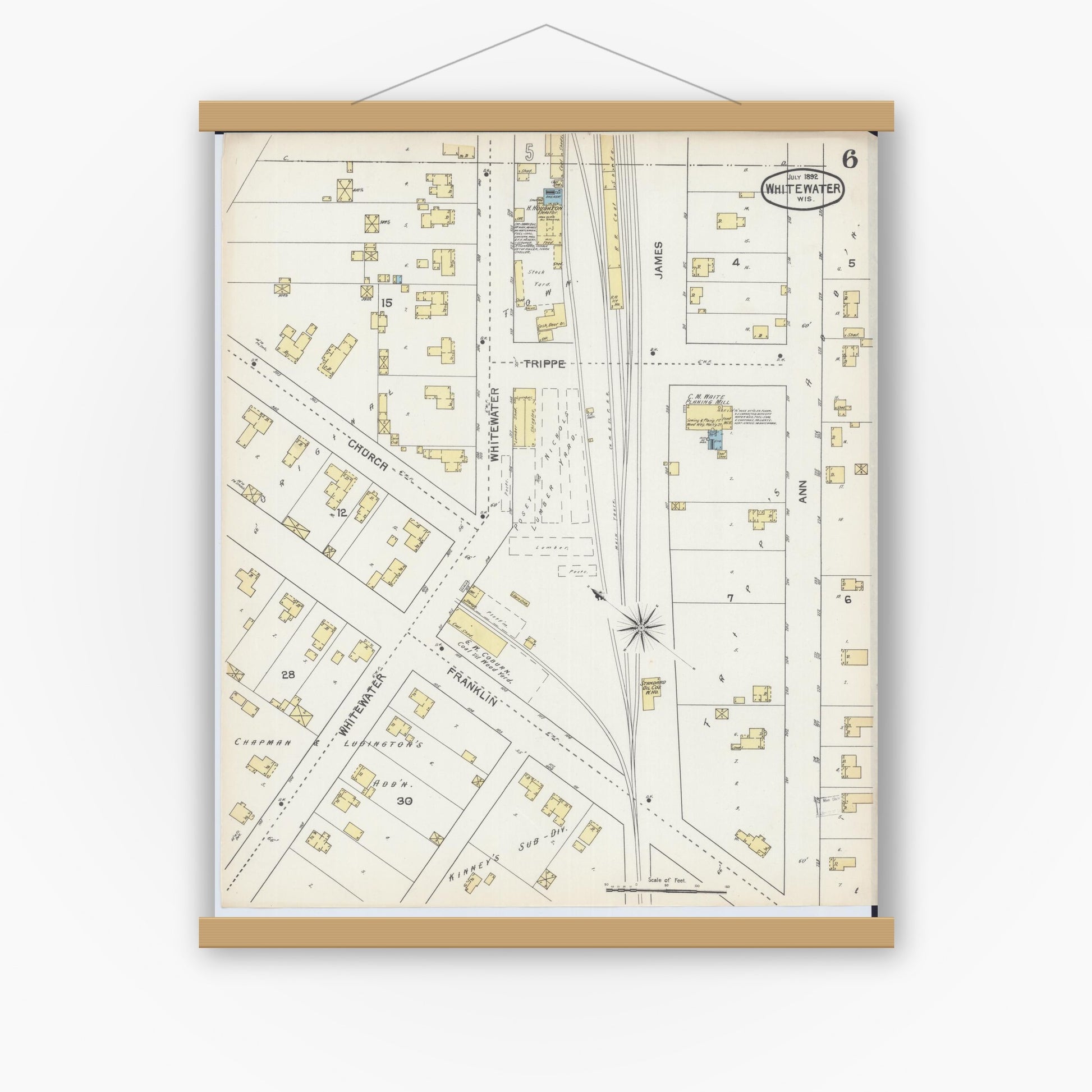 Old map wall art mockup — magnetic wood frame on white wall — Sanborn Fire Insurance Map from Whitewater, Walworth County, Wisconsin (1892), Sheet #0006