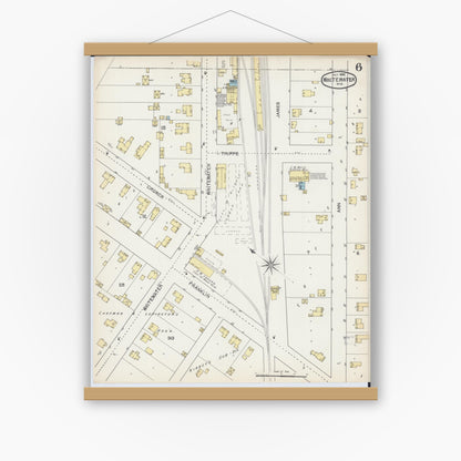 Old map wall art mockup — magnetic wood frame on white wall — Sanborn Fire Insurance Map from Whitewater, Walworth County, Wisconsin (1892), Sheet #0006