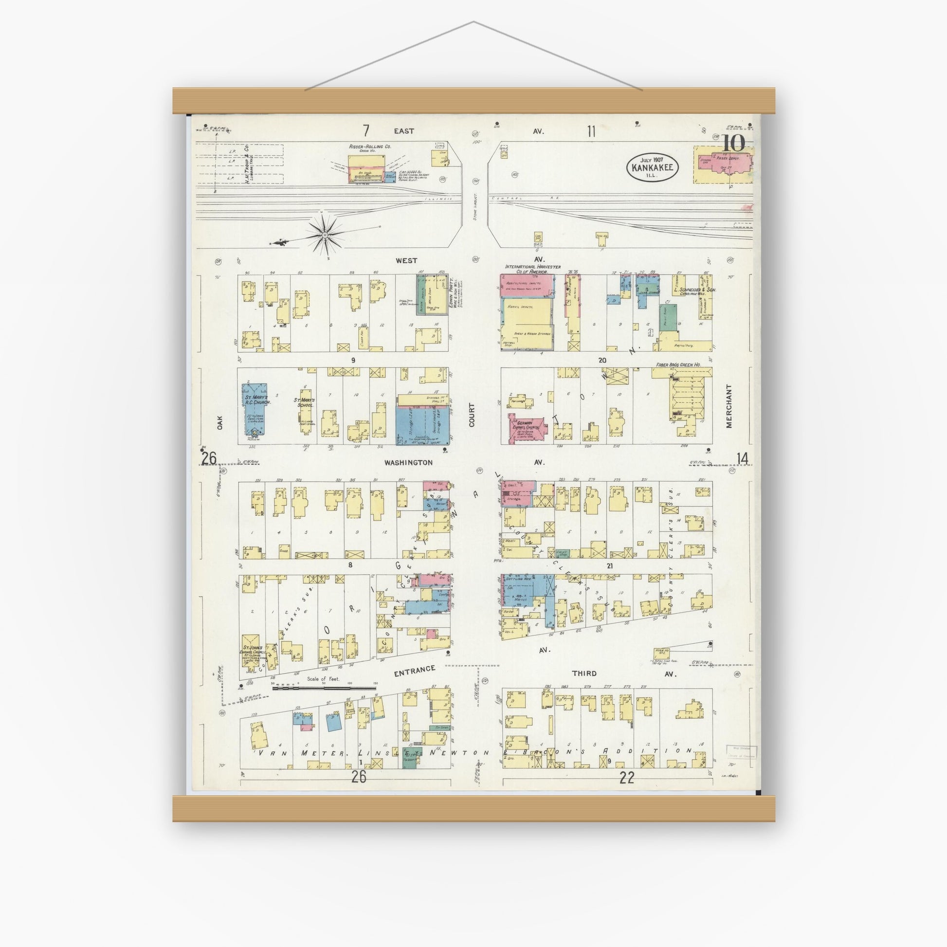 Old map wall art mockup — magnetic wood frame on white wall — Sanborn Fire Insurance Map from Kankakee, Kankakee County, Illinois (1907), Sheet #0010