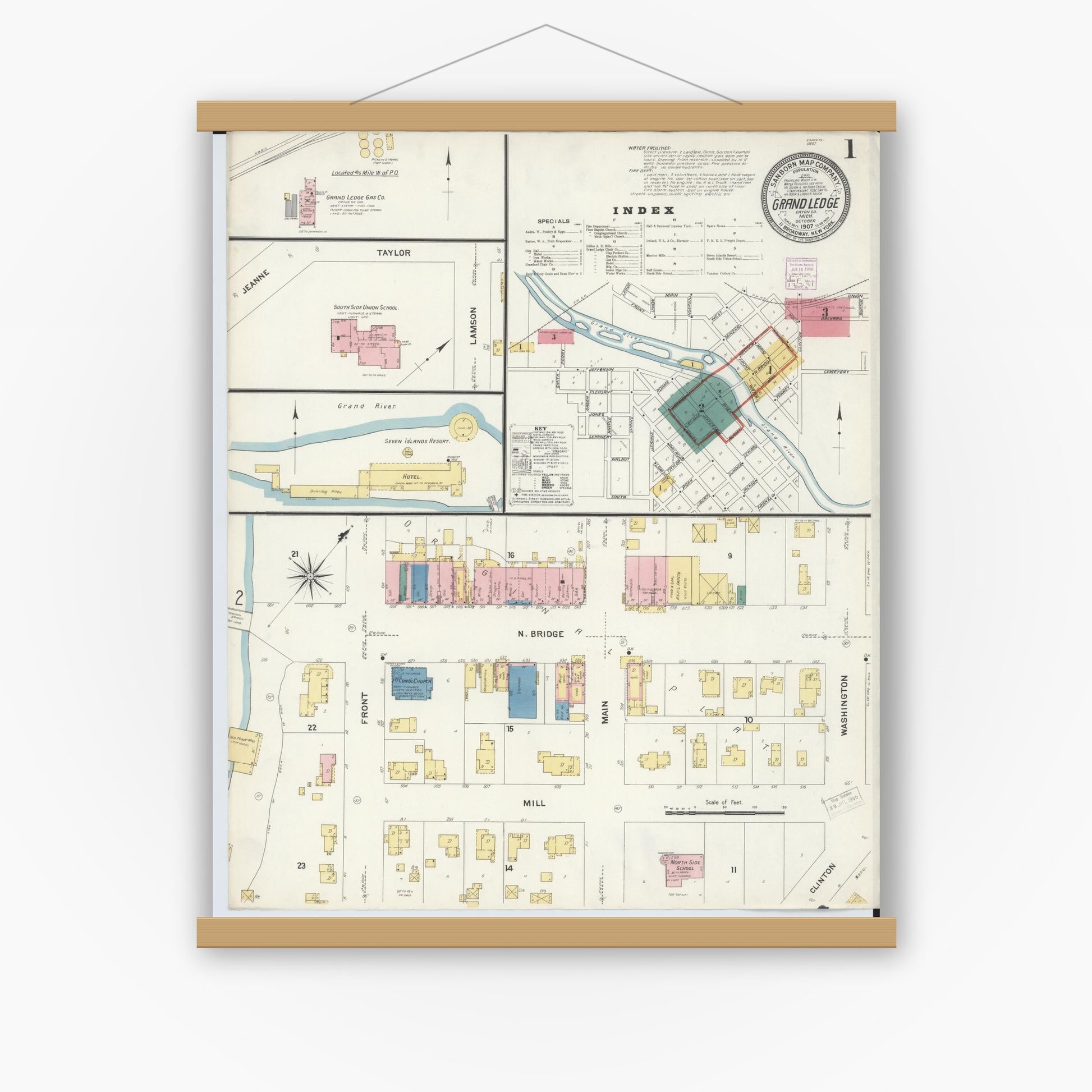 Old map wall art mockup — magnetic wood frame on white wall — Sanborn Fire Insurance Map from Grand Ledge, Eaton County, Michigan (1907) - Complete Map Set