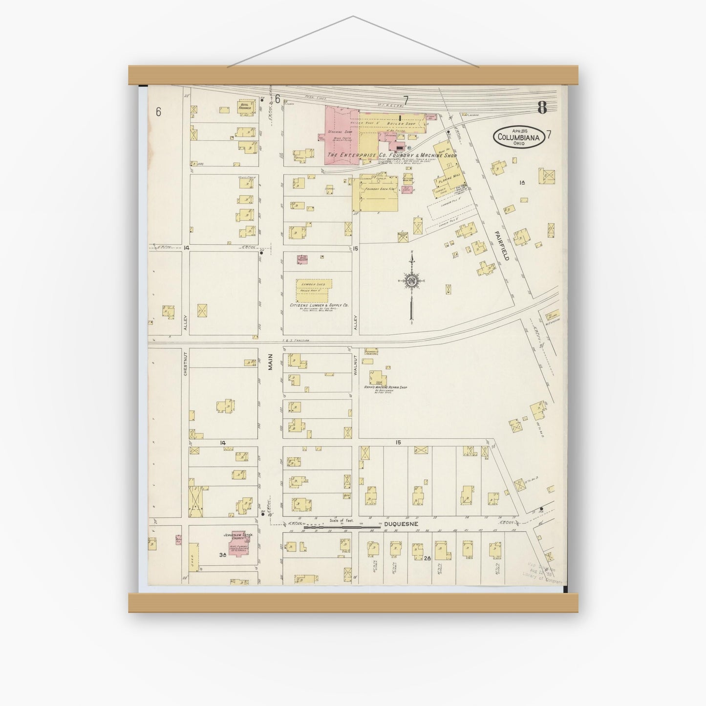 Old map wall art mockup — magnetic wood frame on white wall — Sanborn Fire Insurance Map from Columbiana, Columbiana County, Ohio (1915), Sheet #0008