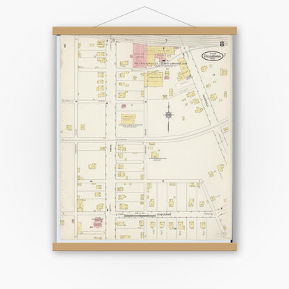 Old map wall art mockup — magnetic wood frame on white wall — Sanborn Fire Insurance Map from Columbiana, Columbiana County, Ohio (1915), Sheet #0008