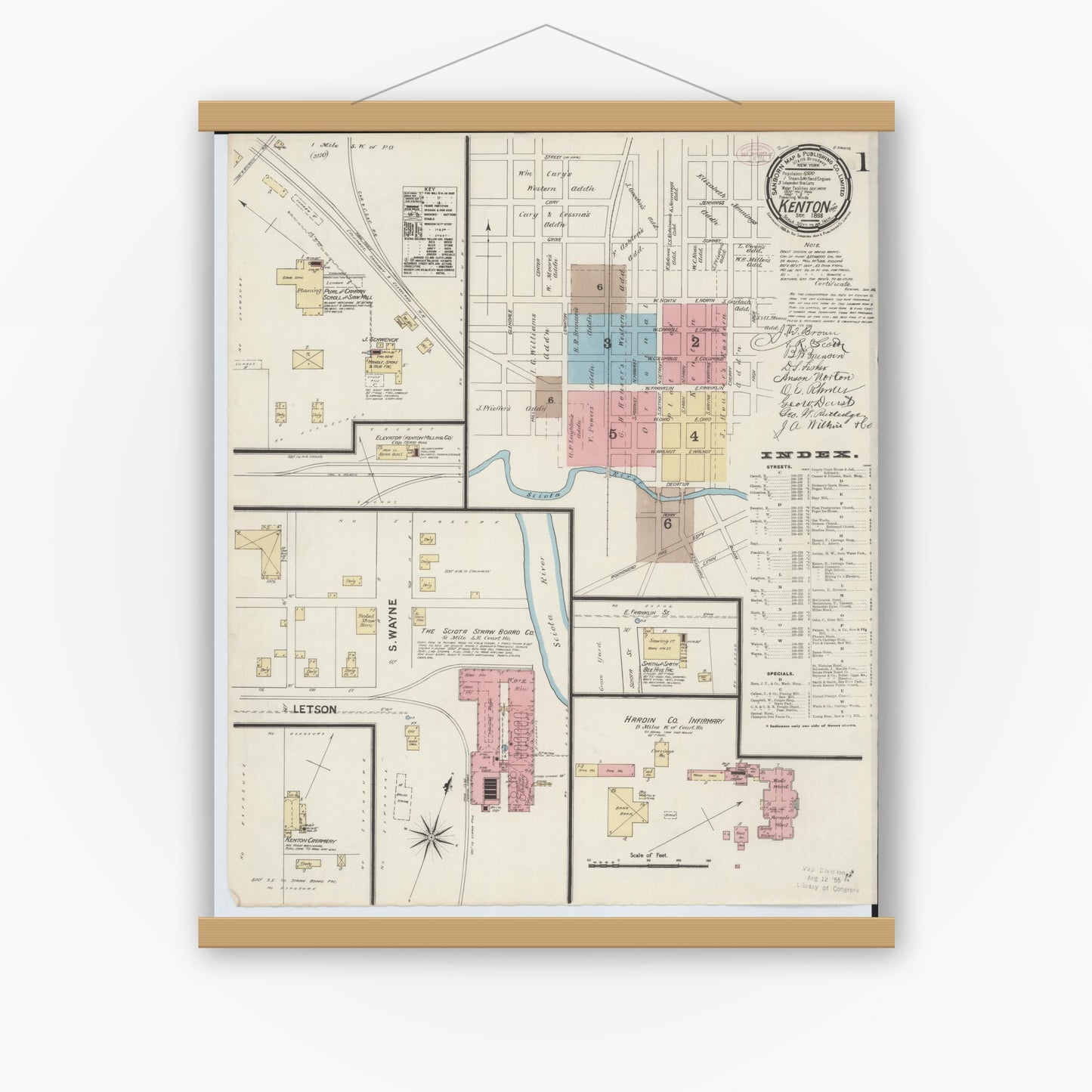 Old map wall art mockup — magnetic wood frame on white wall — Sanborn Fire Insurance Map from Kenton, Hardin County, Ohio (1888), Sheet #0001