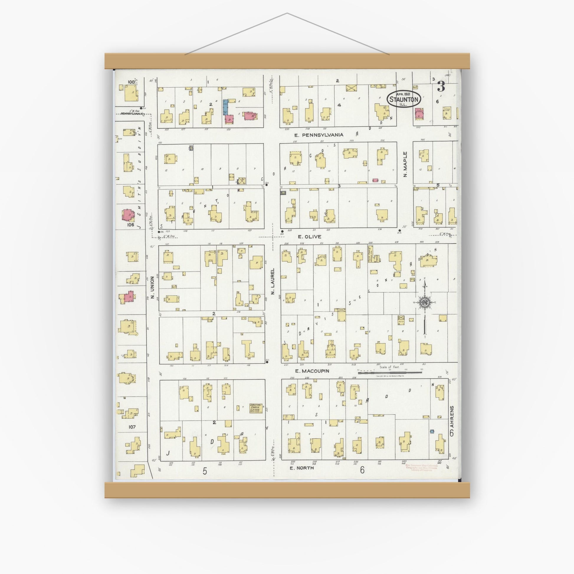 Old map wall art mockup — magnetic wood frame on white wall — Sanborn Fire Insurance Map from Staunton, Macoupin County, Illinois (1921), Sheet #0003