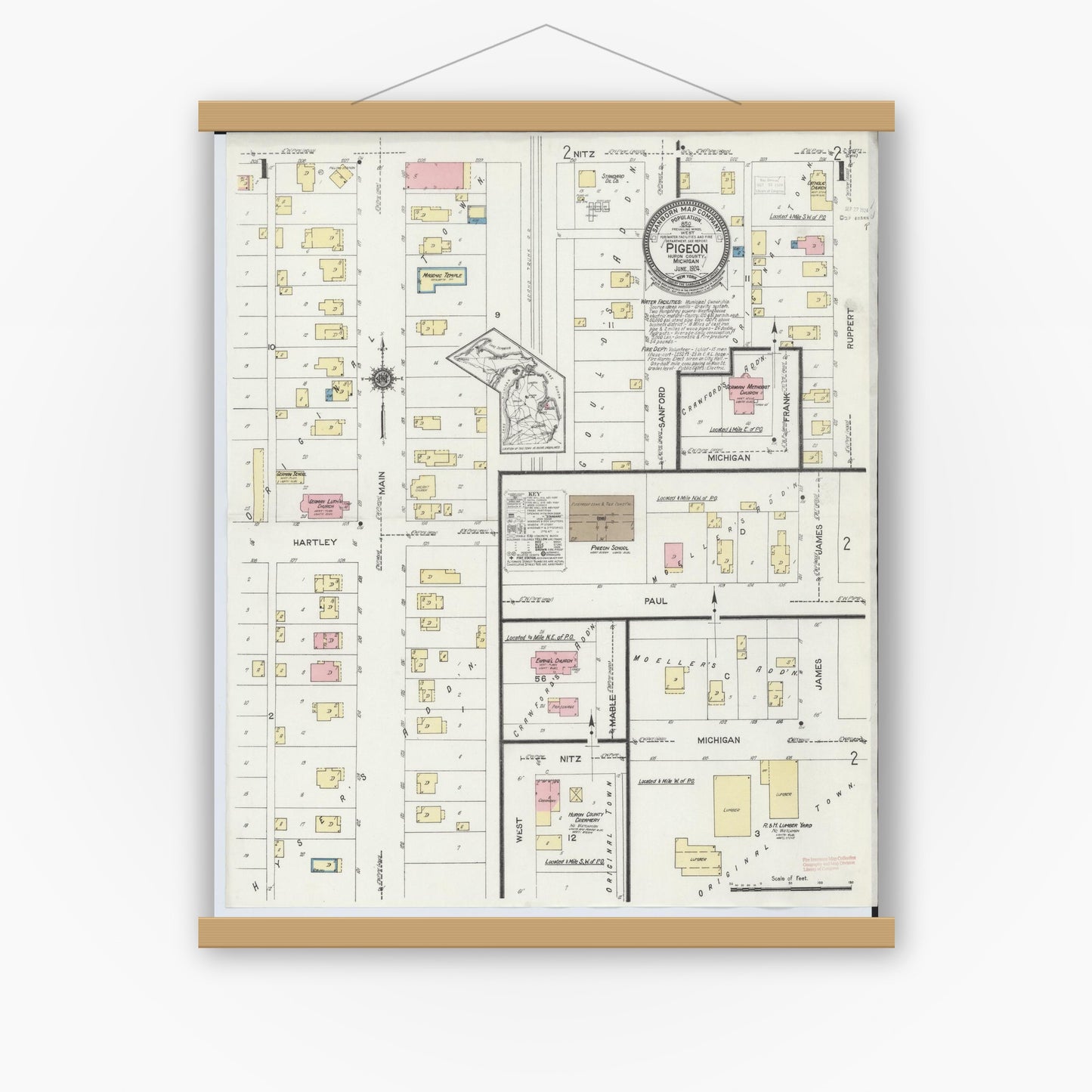 Old map wall art mockup — magnetic wood frame on white wall — Sanborn Fire Insurance Map from Pigeon, Huron County, Michigan (1924), Sheet #0001