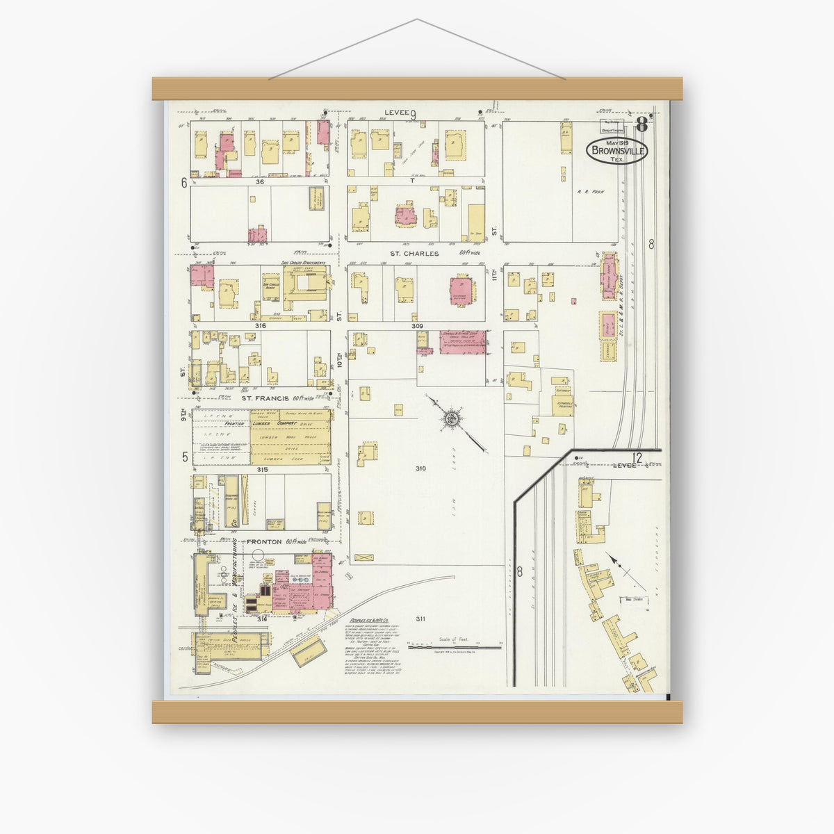 Old map wall art mockup — magnetic wood frame on white wall — Sanborn Fire Insurance Map from Brownsville, Cameron County, Texas (1919), Sheet #0008