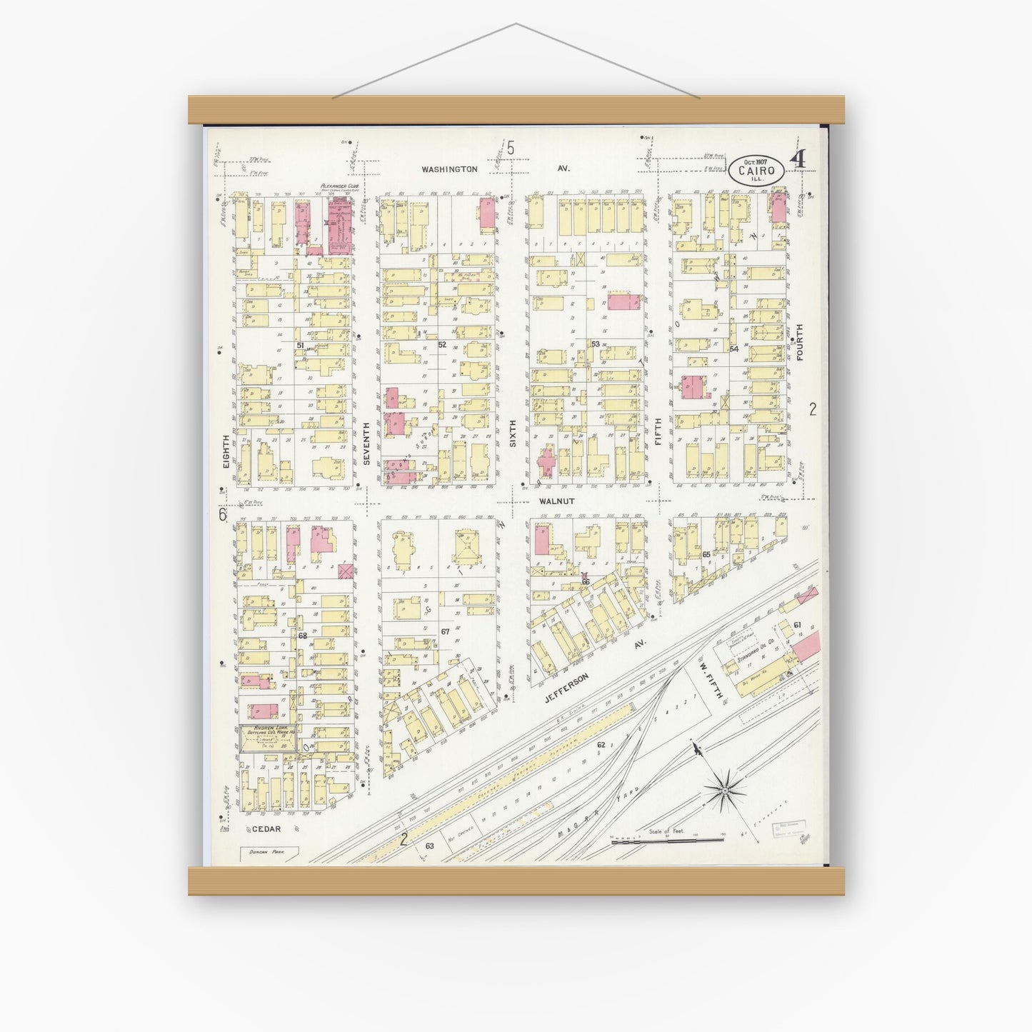 Old map wall art mockup — magnetic wood frame on white wall — Sanborn Fire Insurance Map from Cairo, Alexander County, Illinois (1907), Sheet #0004
