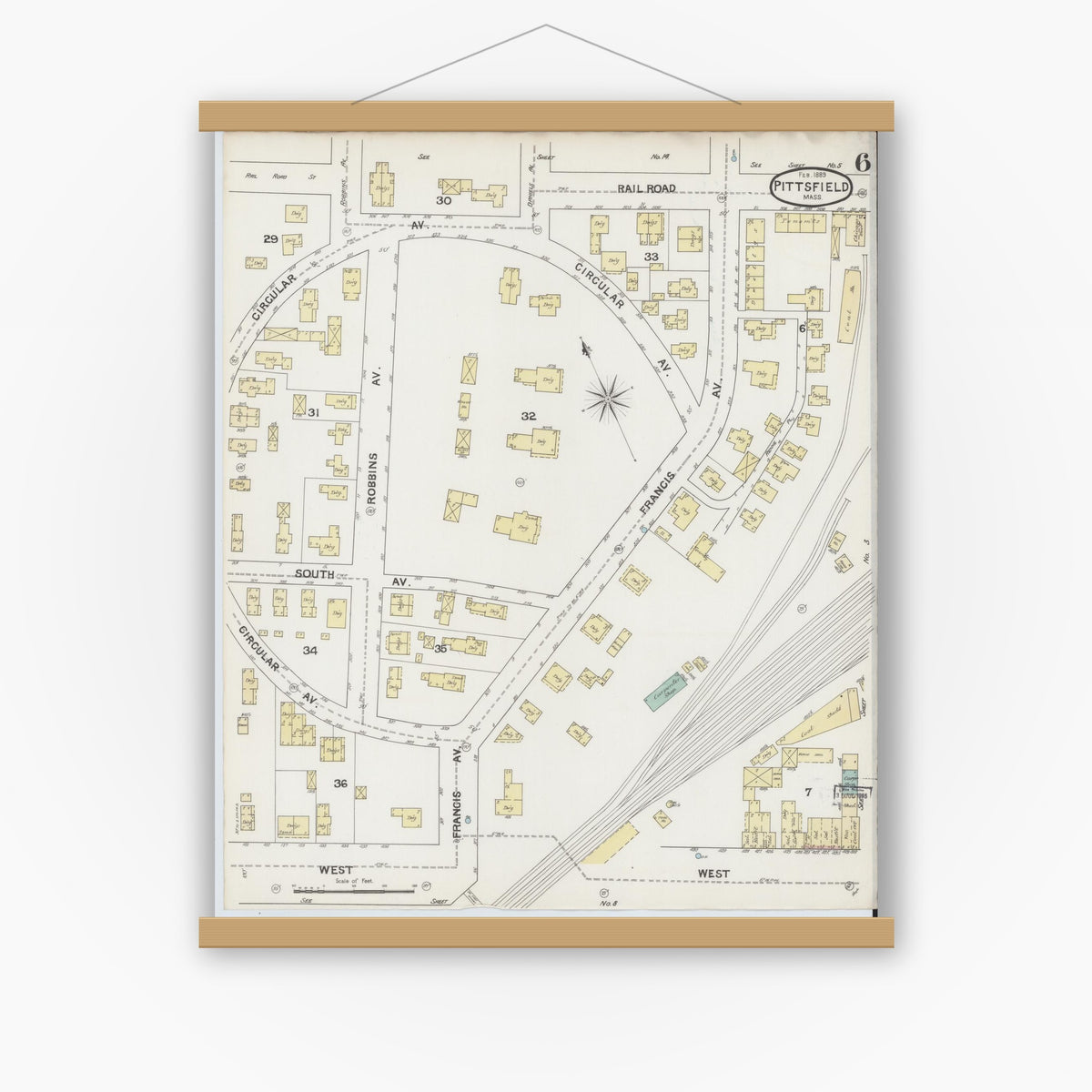 Old map wall art mockup — magnetic wood frame on white wall — Sanborn Fire Insurance Map from Pittsfield, Berkshire County, Massachusetts (1889), Sheet #0006