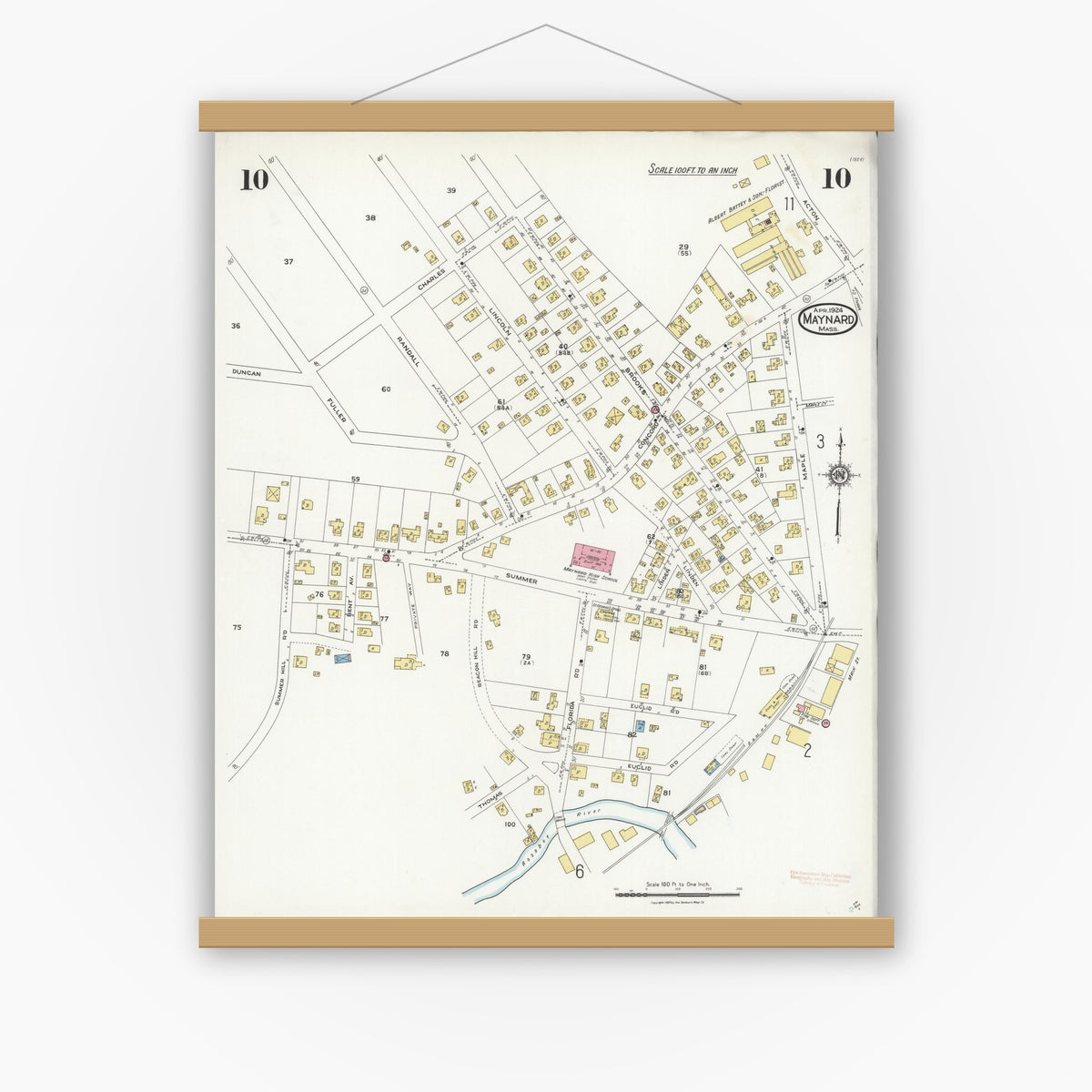 Old map wall art mockup — magnetic wood frame on white wall — Sanborn Fire Insurance Map from Maynard, Middlesex County, Massachusetts (1924), Sheet #0010