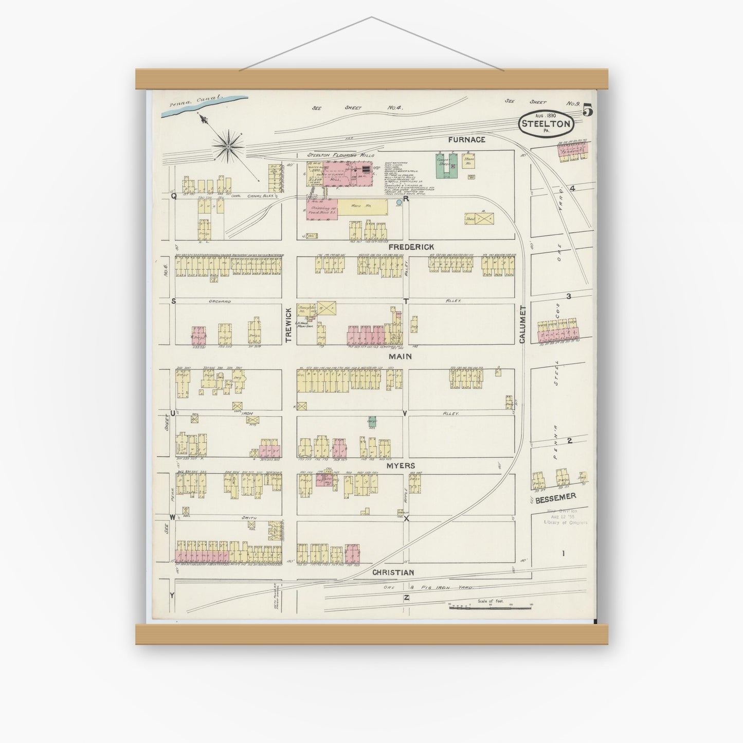 Old map wall art mockup — magnetic wood frame on white wall — Sanborn Fire Insurance Map from Steelton, Dauphin County, Pennsylvania (1890), Sheet #0005