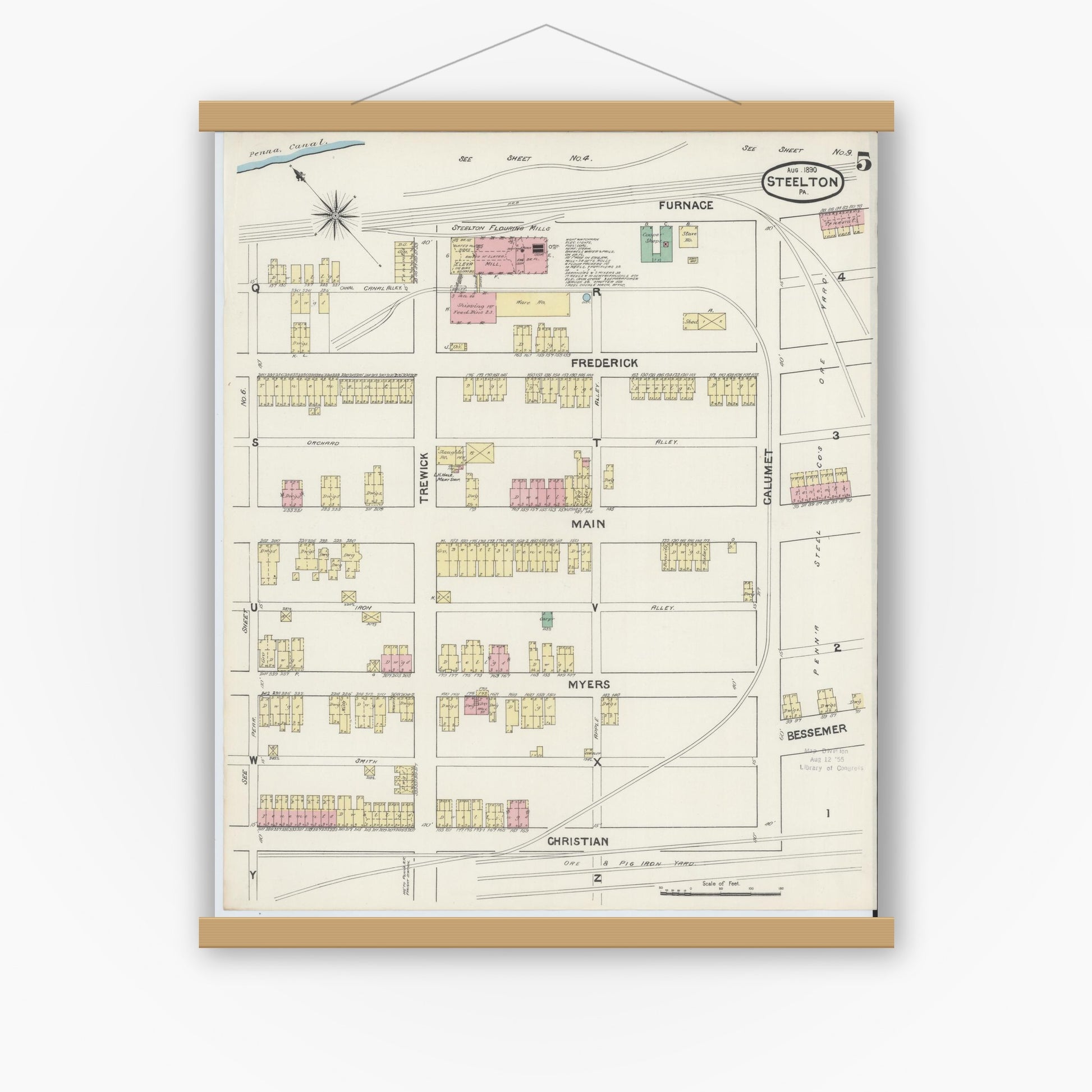 Old map wall art mockup — magnetic wood frame on white wall — Sanborn Fire Insurance Map from Steelton, Dauphin County, Pennsylvania (1890), Sheet #0005