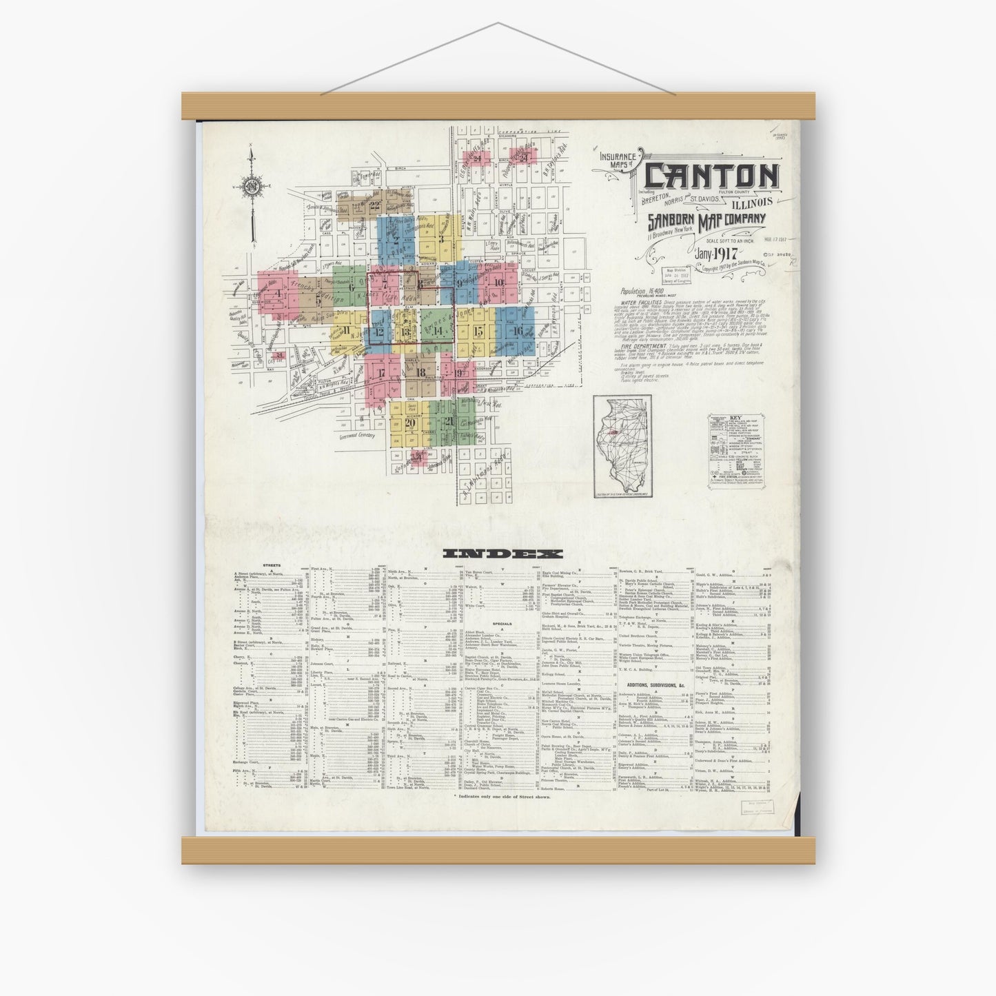 Old map wall art mockup — magnetic wood frame on white wall — Sanborn Fire Insurance Map from Canton, Fulton County, Illinois (1917) - Complete Map Set