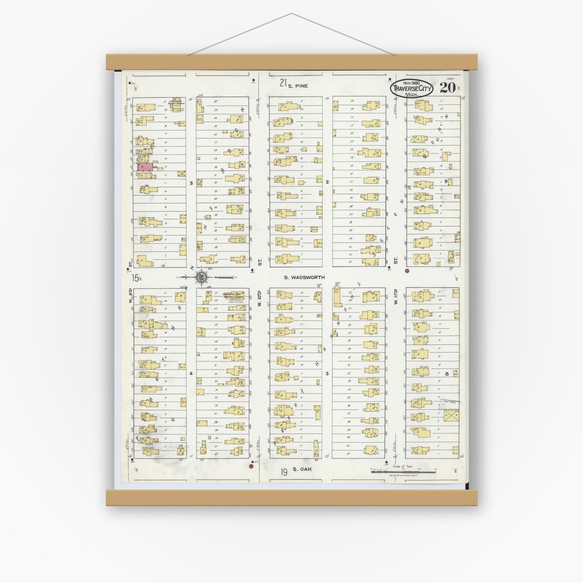 Old map wall art mockup — magnetic wood frame on white wall — Sanborn Fire Insurance Map from Traverse City, Grand Traverse County, Michigan (1920), Sheet #0020