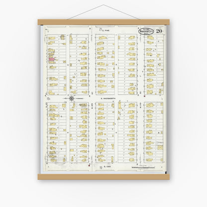 Old map wall art mockup — magnetic wood frame on white wall — Sanborn Fire Insurance Map from Traverse City, Grand Traverse County, Michigan (1920), Sheet #0020