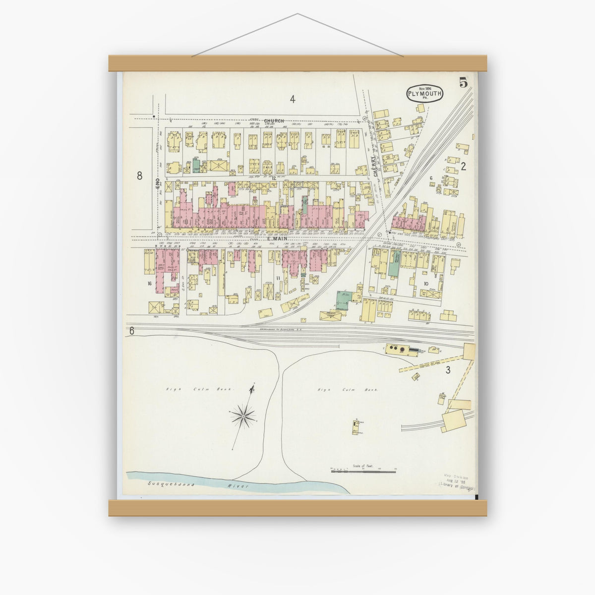 Old map wall art mockup — magnetic wood frame on white wall — Sanborn Fire Insurance Map from Plymouth, Luzerne County, Pennsylvania (1896), Sheet #0005