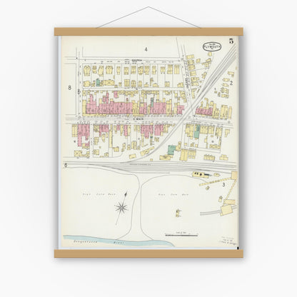 Old map wall art mockup — magnetic wood frame on white wall — Sanborn Fire Insurance Map from Plymouth, Luzerne County, Pennsylvania (1896), Sheet #0005