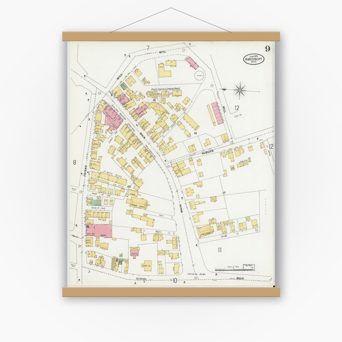 Old map wall art mockup — magnetic wood frame on white wall — Sanborn Fire Insurance Map from Amesbury, Essex County, Massachusetts (1899), Sheet #0009