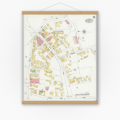 Old map wall art mockup — magnetic wood frame on white wall — Sanborn Fire Insurance Map from Amesbury, Essex County, Massachusetts (1899), Sheet #0009