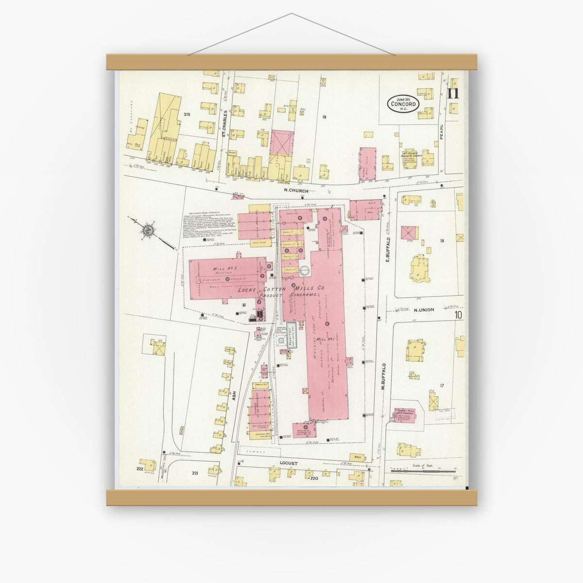 Old map wall art mockup — magnetic wood frame on white wall — Sanborn Fire Insurance Map from Concord, Cabarrus County, North Carolina (1911), Sheet #0011
