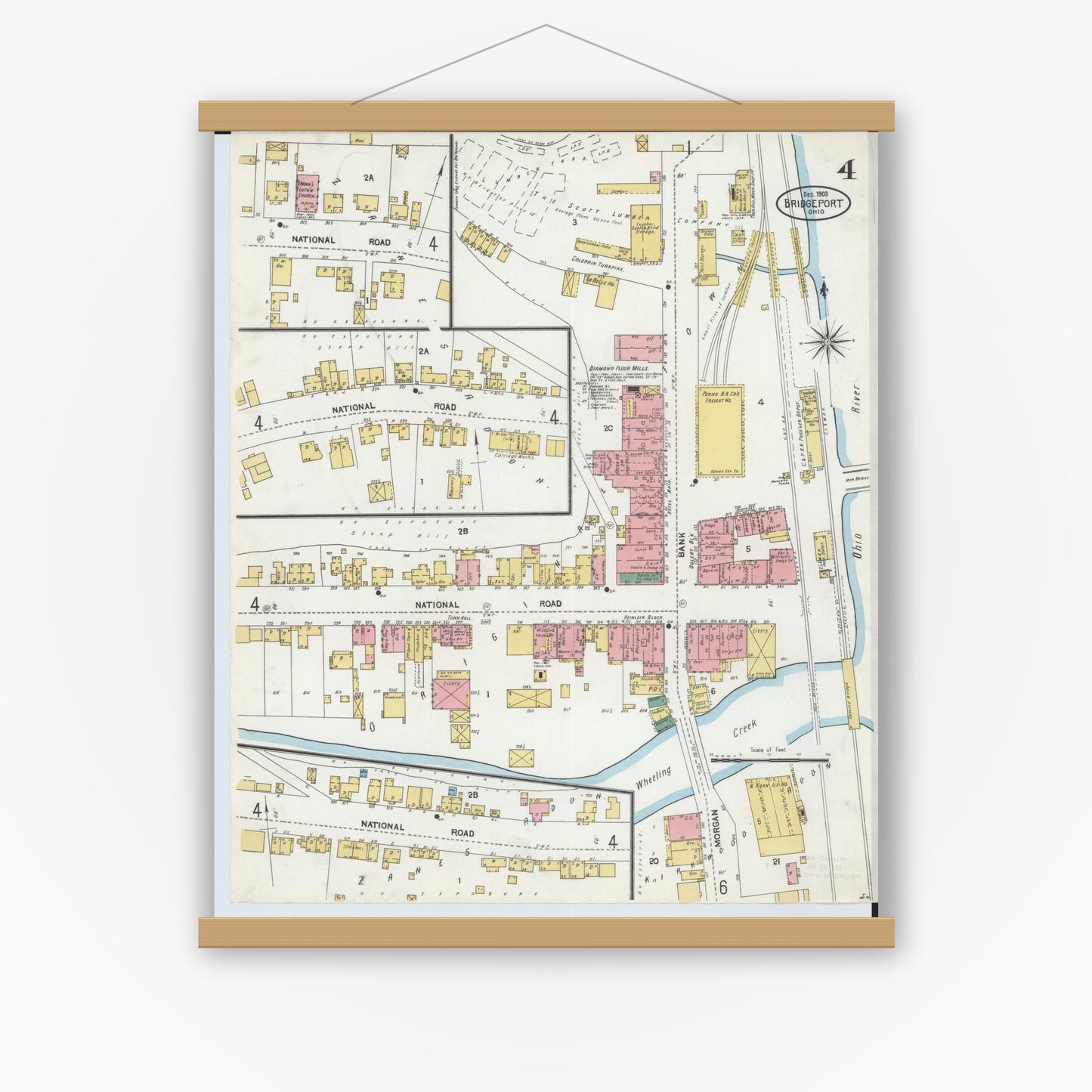 Old map wall art mockup — magnetic wood frame on white wall — Sanborn Fire Insurance Map from Bridgeport, Belmont County, Ohio (1903), Sheet #0004