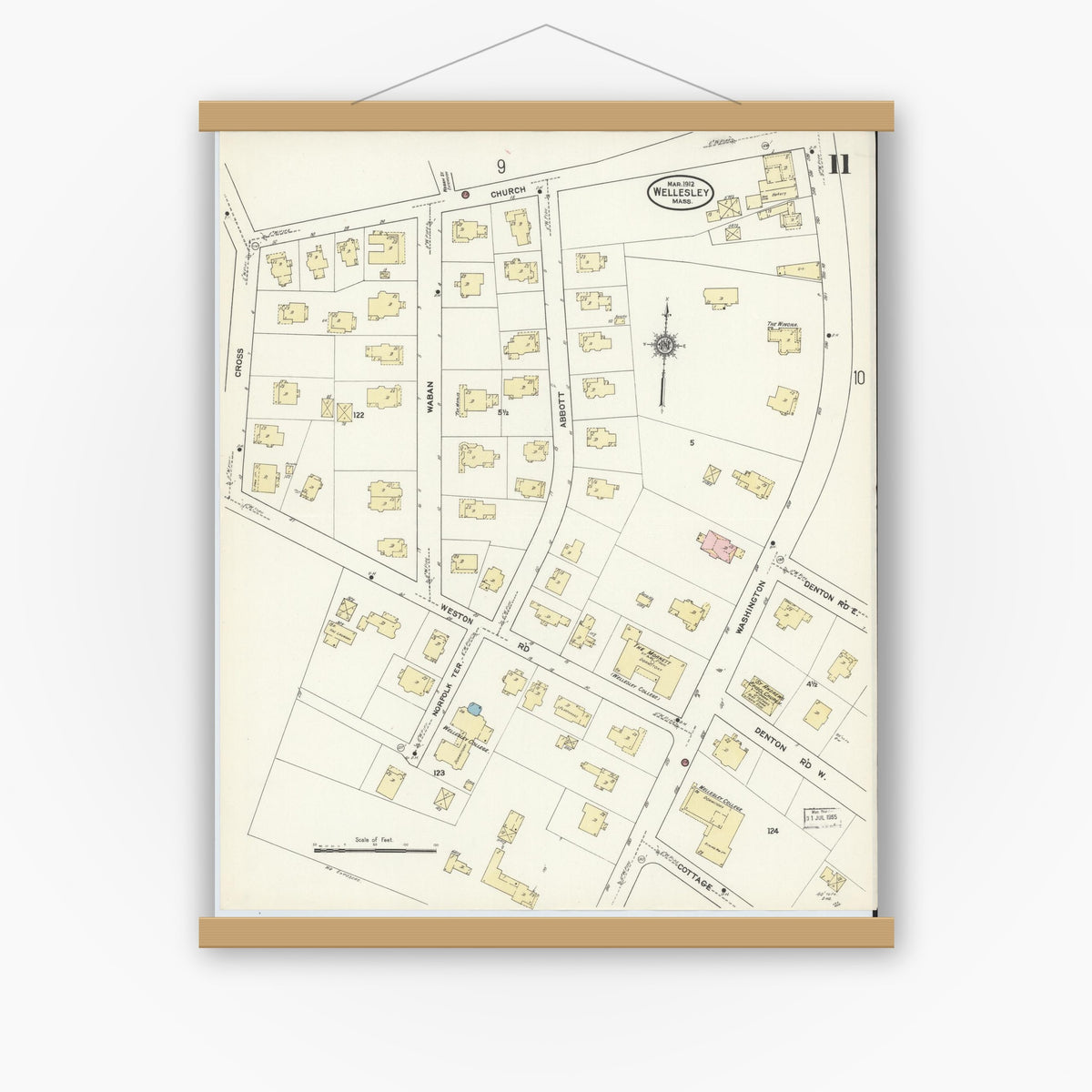 Old map wall art mockup — magnetic wood frame on white wall — Sanborn Fire Insurance Map from Wellesley, Norfolk County, Massachusetts (1912), Sheet #0011