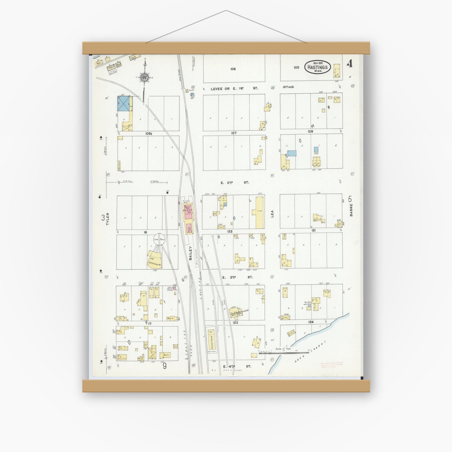Old map wall art mockup — magnetic wood frame on white wall — Sanborn Fire Insurance Map from Hastings, Dakota County, Minnesota (1910), Sheet #0004