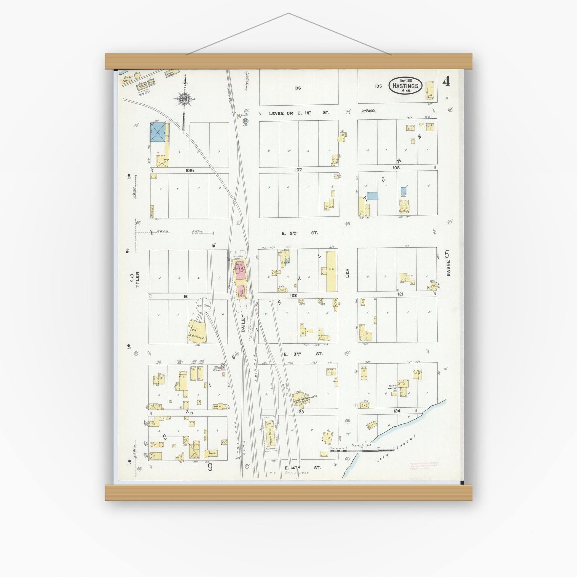 Old map wall art mockup — magnetic wood frame on white wall — Sanborn Fire Insurance Map from Hastings, Dakota County, Minnesota (1910), Sheet #0004