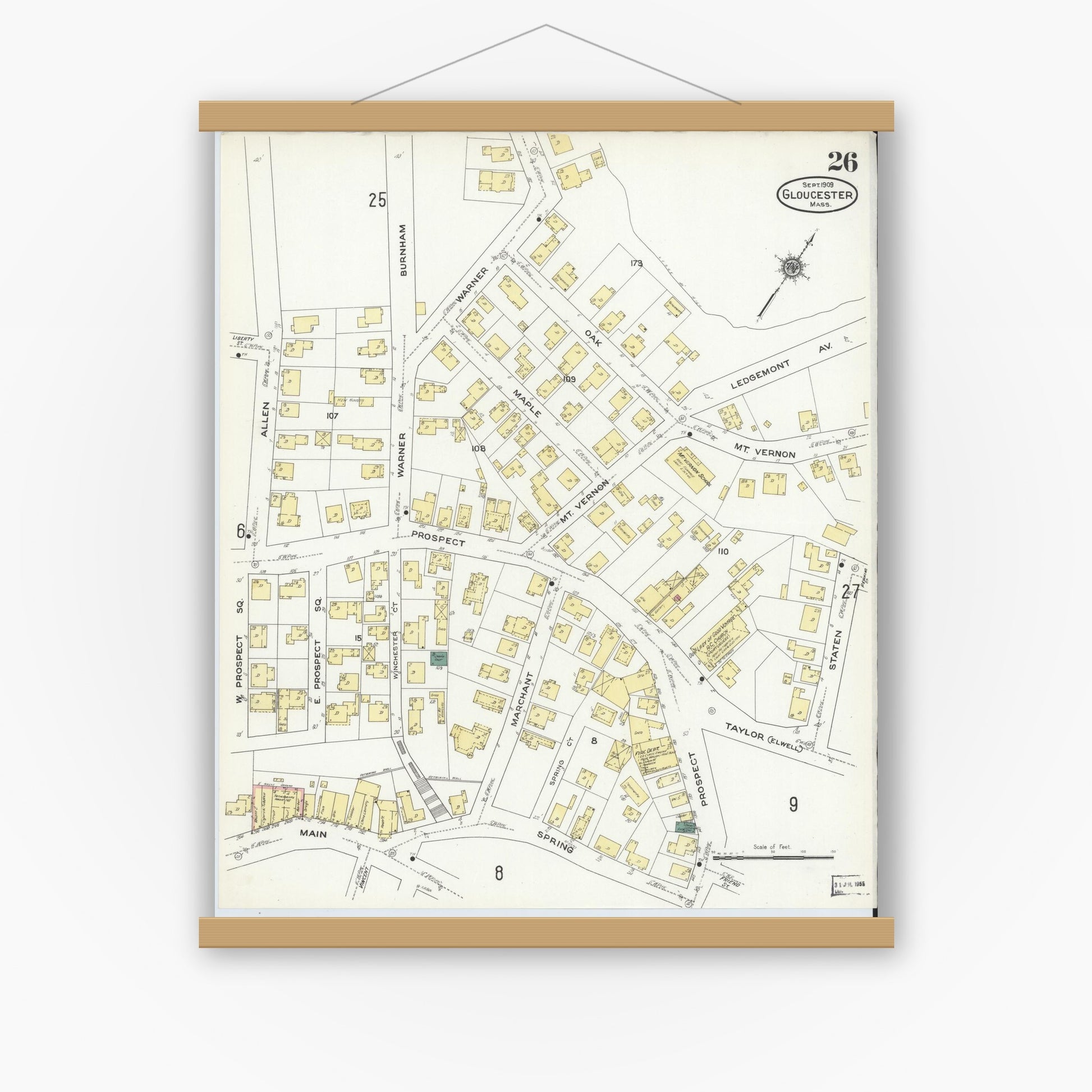 Old map wall art mockup — magnetic wood frame on white wall — Sanborn Fire Insurance Map from Gloucester, Essex County, Massachusetts (1909), Sheet #0026