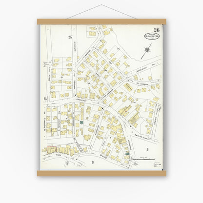 Old map wall art mockup — magnetic wood frame on white wall — Sanborn Fire Insurance Map from Gloucester, Essex County, Massachusetts (1909), Sheet #0026