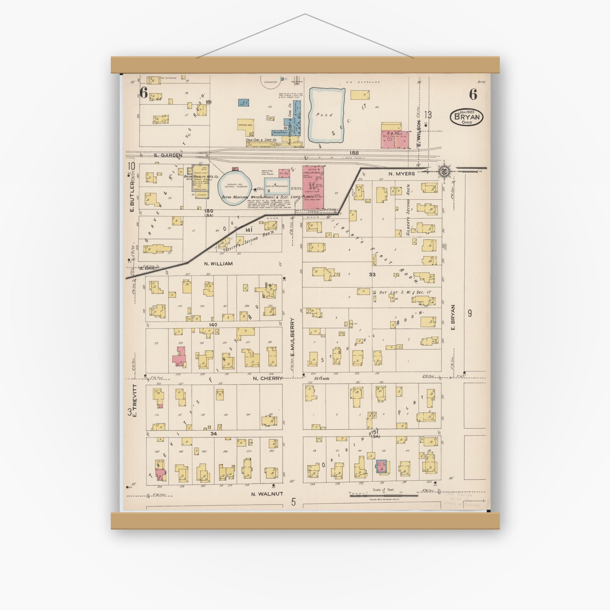 Old map wall art mockup — magnetic wood frame on white wall — Sanborn Fire Insurance Map from Bryan, Williams County, Ohio (1923), Sheet #0006
