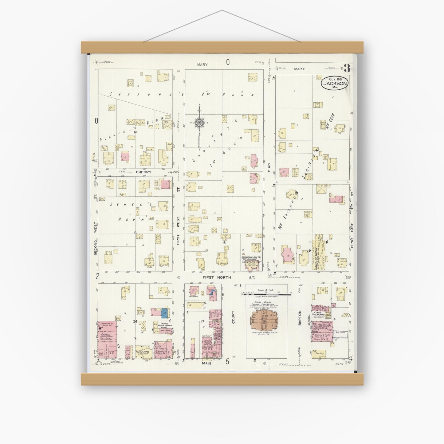 Old map wall art mockup — magnetic wood frame on white wall — Sanborn Fire Insurance Map from Jackson, Cape Girardeau County, Missouri (1921), Sheet #0003