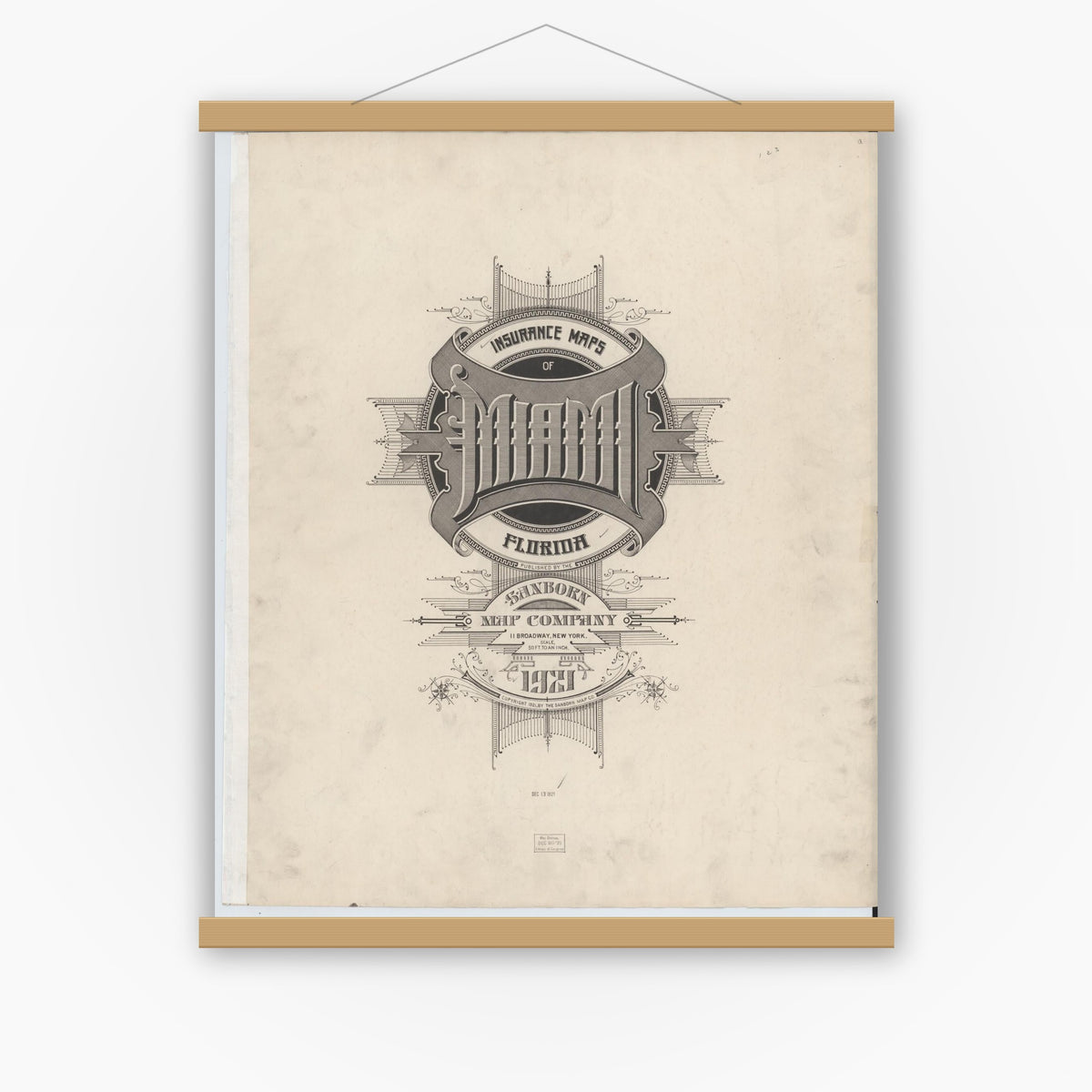 Old map wall art mockup — magnetic wood frame on white wall — Sanborn Fire Insurance Map from Miami, Dade County, Florida (1924), Sheet #0001