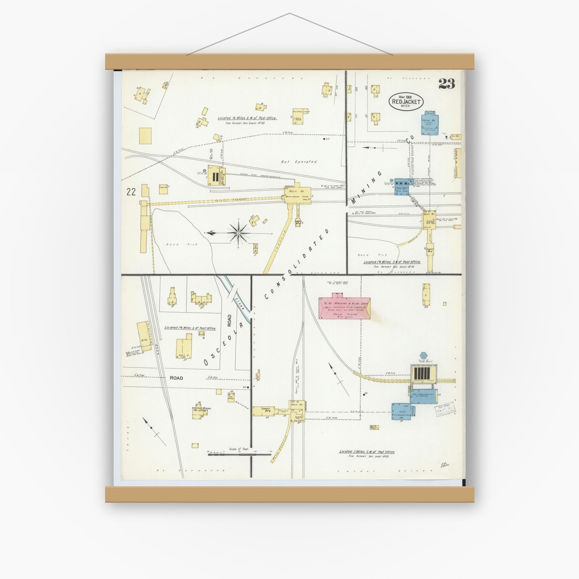Old map wall art mockup — magnetic wood frame on white wall — Sanborn Fire Insurance Map from Red Jacket, Houghton County, Michigan (1908), Sheet #0023