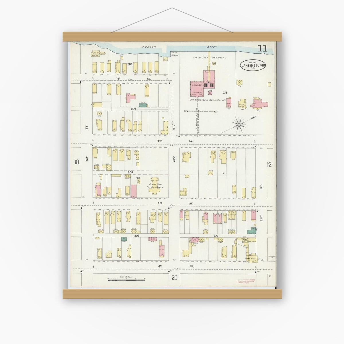 Old map wall art mockup — magnetic wood frame on white wall — Sanborn Fire Insurance Map from Lansingburg, Rensselaer County, New York (1897), Sheet #0011