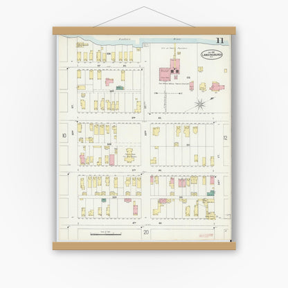 Old map wall art mockup — magnetic wood frame on white wall — Sanborn Fire Insurance Map from Lansingburg, Rensselaer County, New York (1897), Sheet #0011