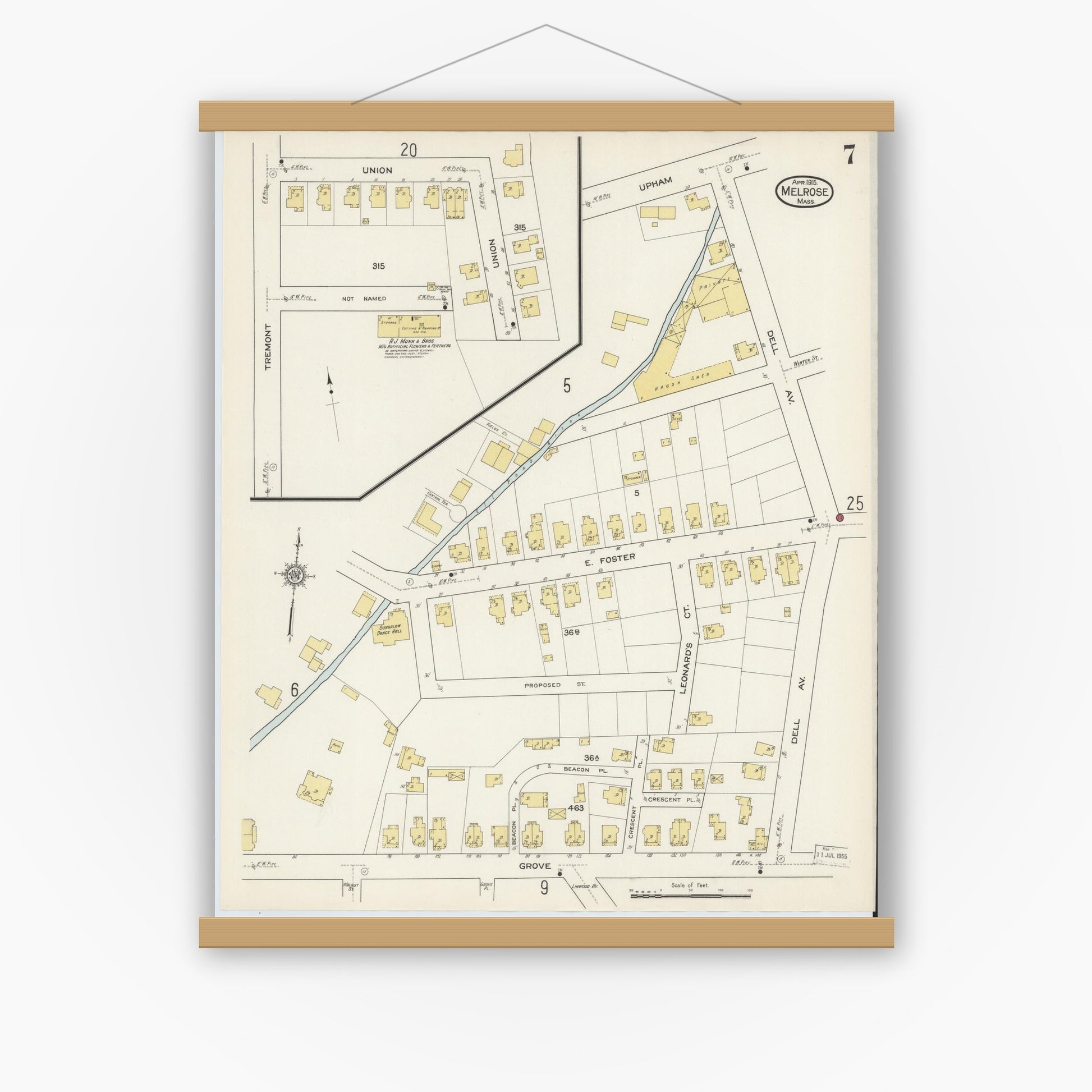Old map wall art mockup — magnetic wood frame on white wall — Sanborn Fire Insurance Map from Melrose, Middlesex County, Massachusetts (1915), Sheet #0007